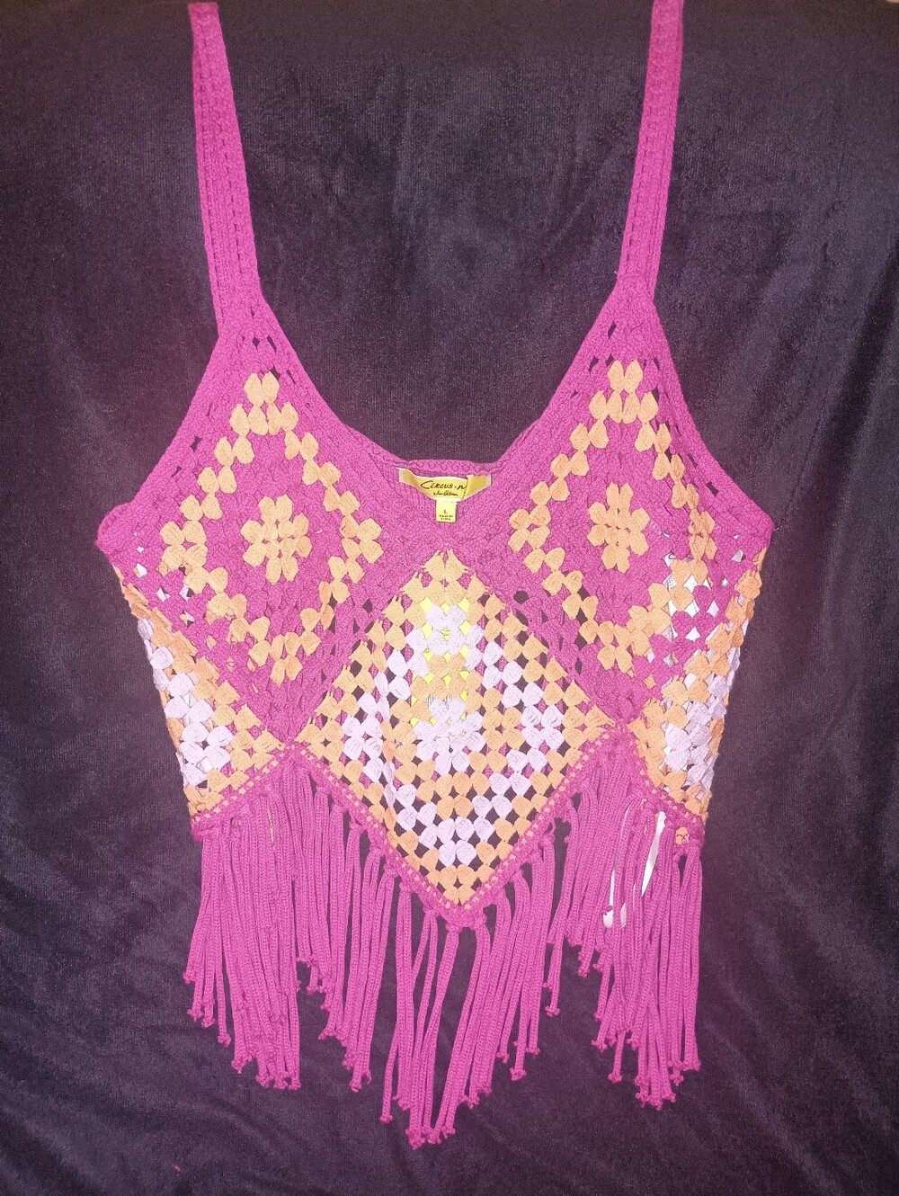 NWT Sam Edelman MARGO/ Crochet Fring Tank Top in Raspberry/Multi Women's Size L